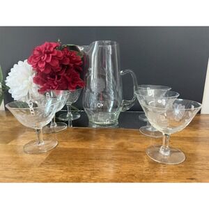 Vintage Cornflower Etched Glass Pitcher Stemmed Cocktail Glasses Set Bar Cart